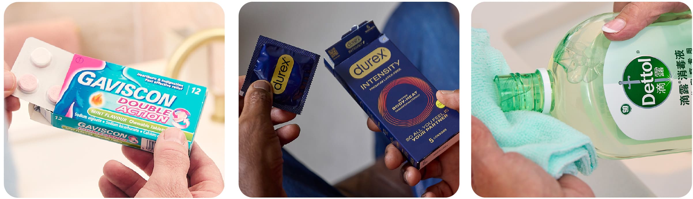 Three product close-ups featuring antacid tablets, condoms, and disinfectant cleaner
