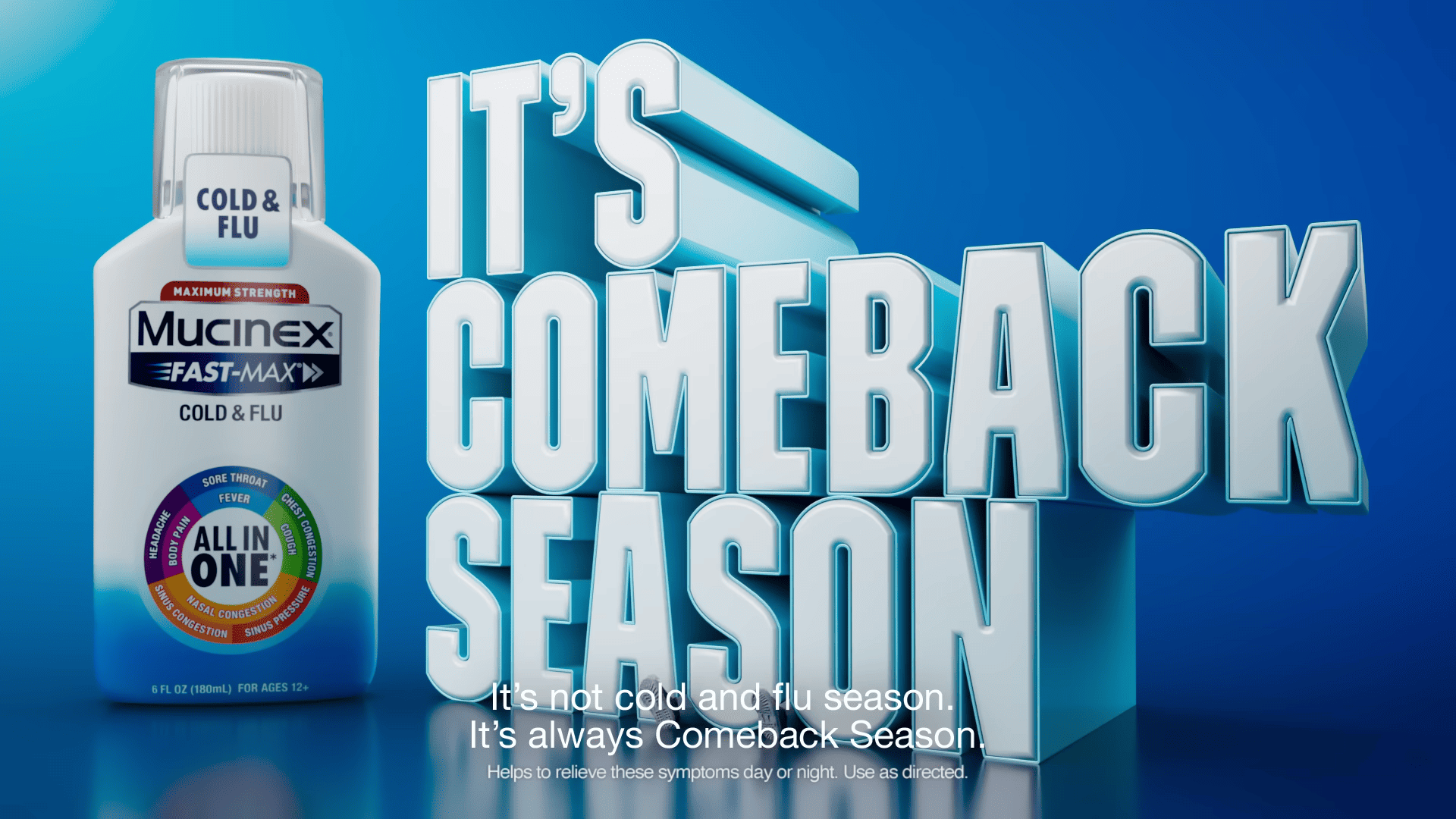 Cold and flu medicine bottle displayed beside promotional text on a blue background
