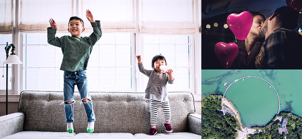Collage featuring children jumping on a couch, a couple with heart balloons, and an aerial view of a lakeside area