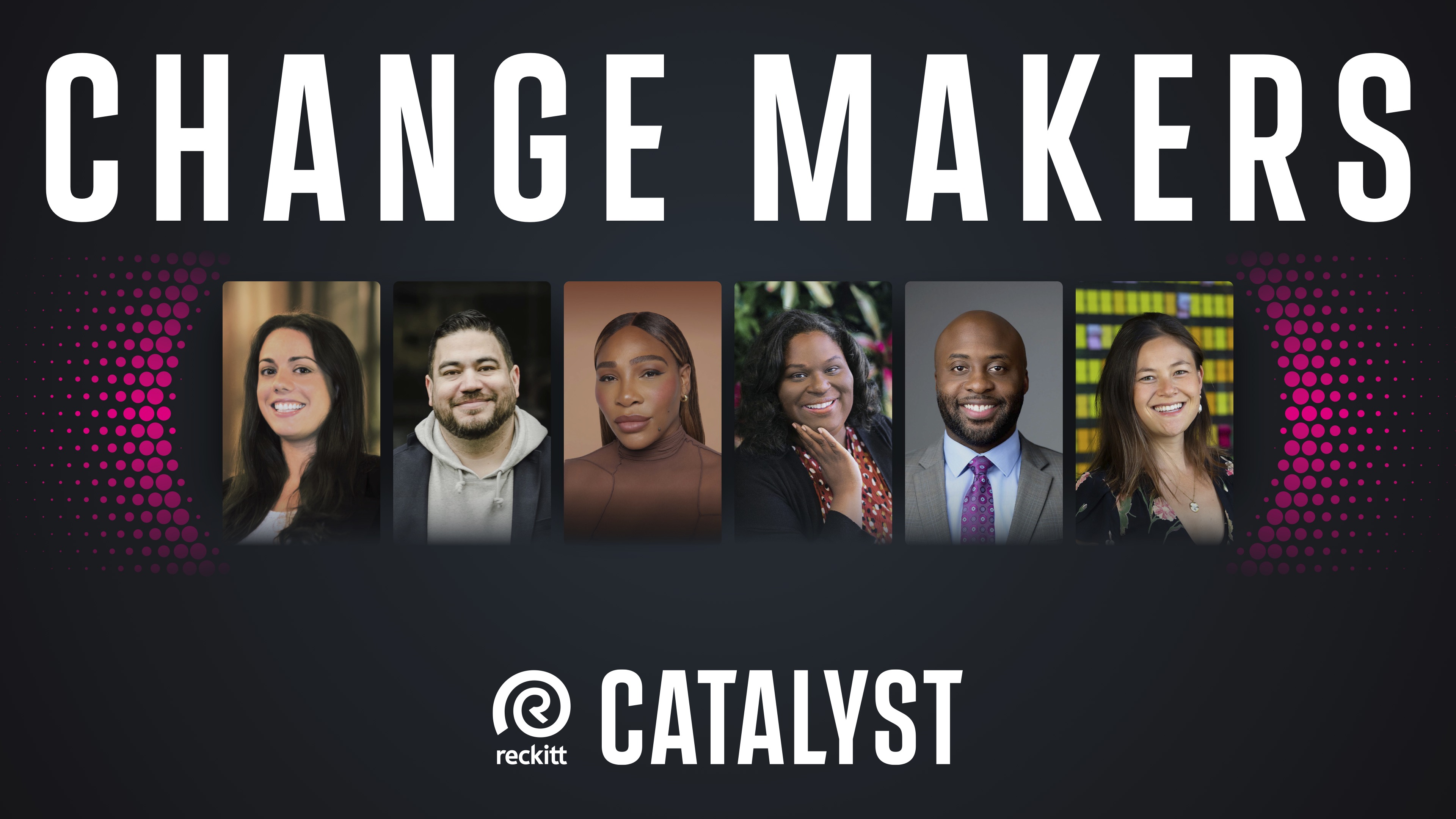 The image features the bold white text "CHANGE MAKERS" at the top, with six portraits of diverse individuals arranged in a row below it against a dark background with pink dotted accents on the sides.