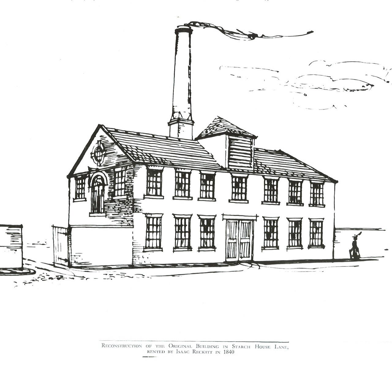 Line drawing of an early factory building with a tall chimney.