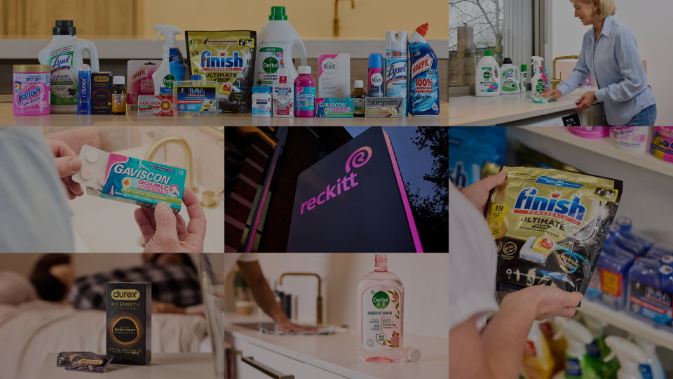 Collage of Reckitt products and branding across household and healthcare items