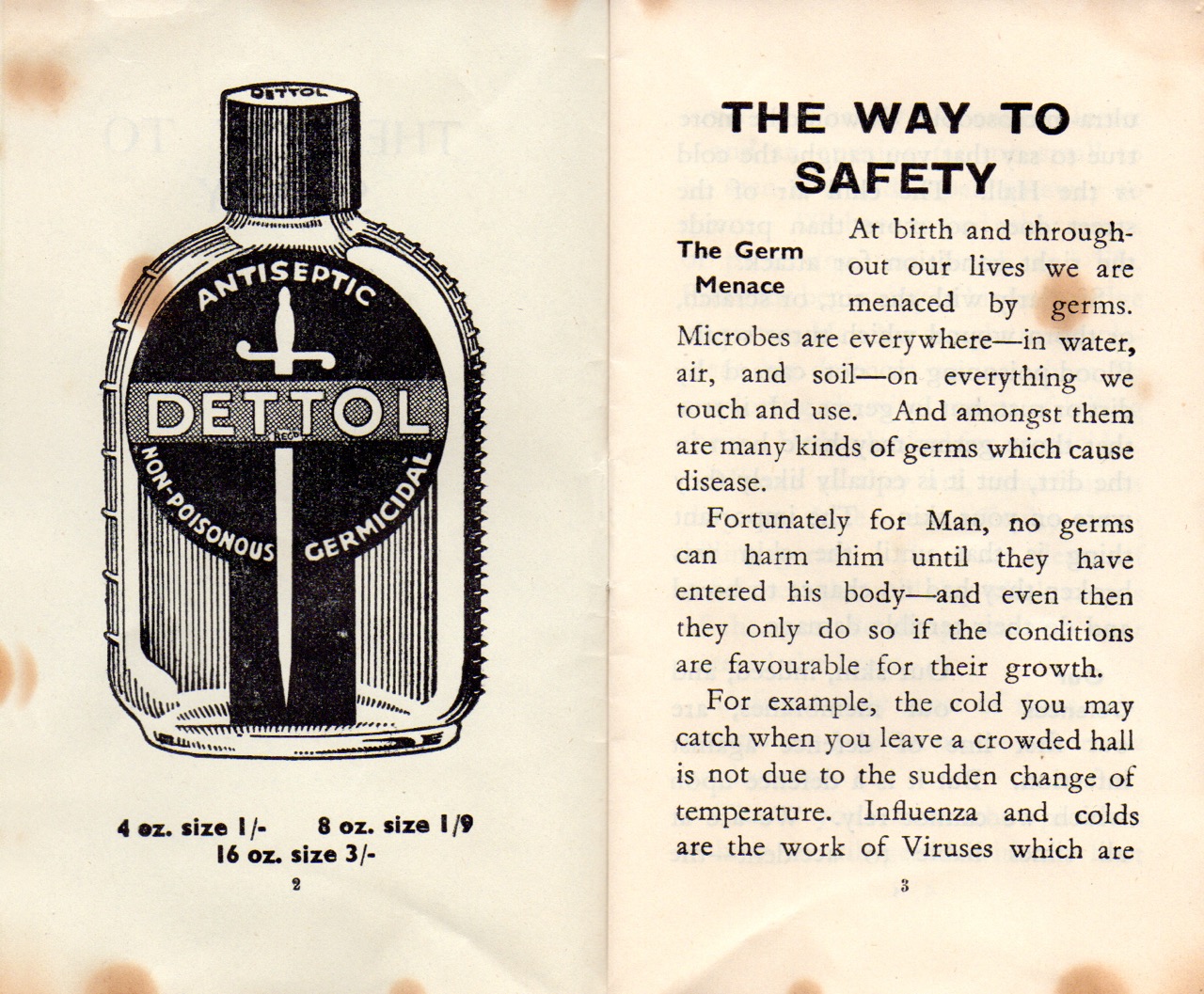 Vintage Dettol antiseptic advertisement with bottle illustration and safety text.