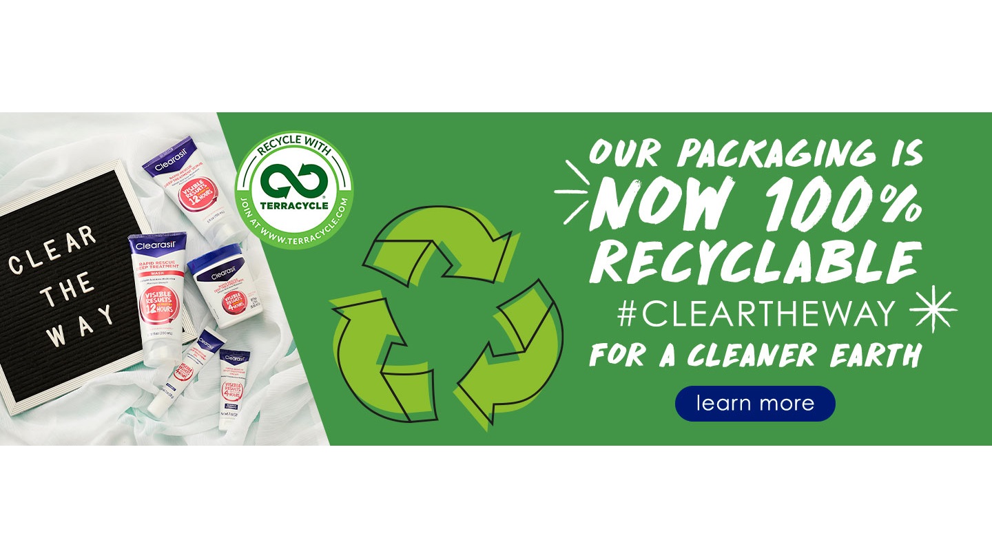 An advertisement promoting Clearasil’s 100% recyclable packaging with an image of Clearasil products next to a recycling symbol and text encouraging a cleaner earth.