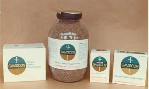 Gaviscon reflux relief products including bottles and boxes on display.