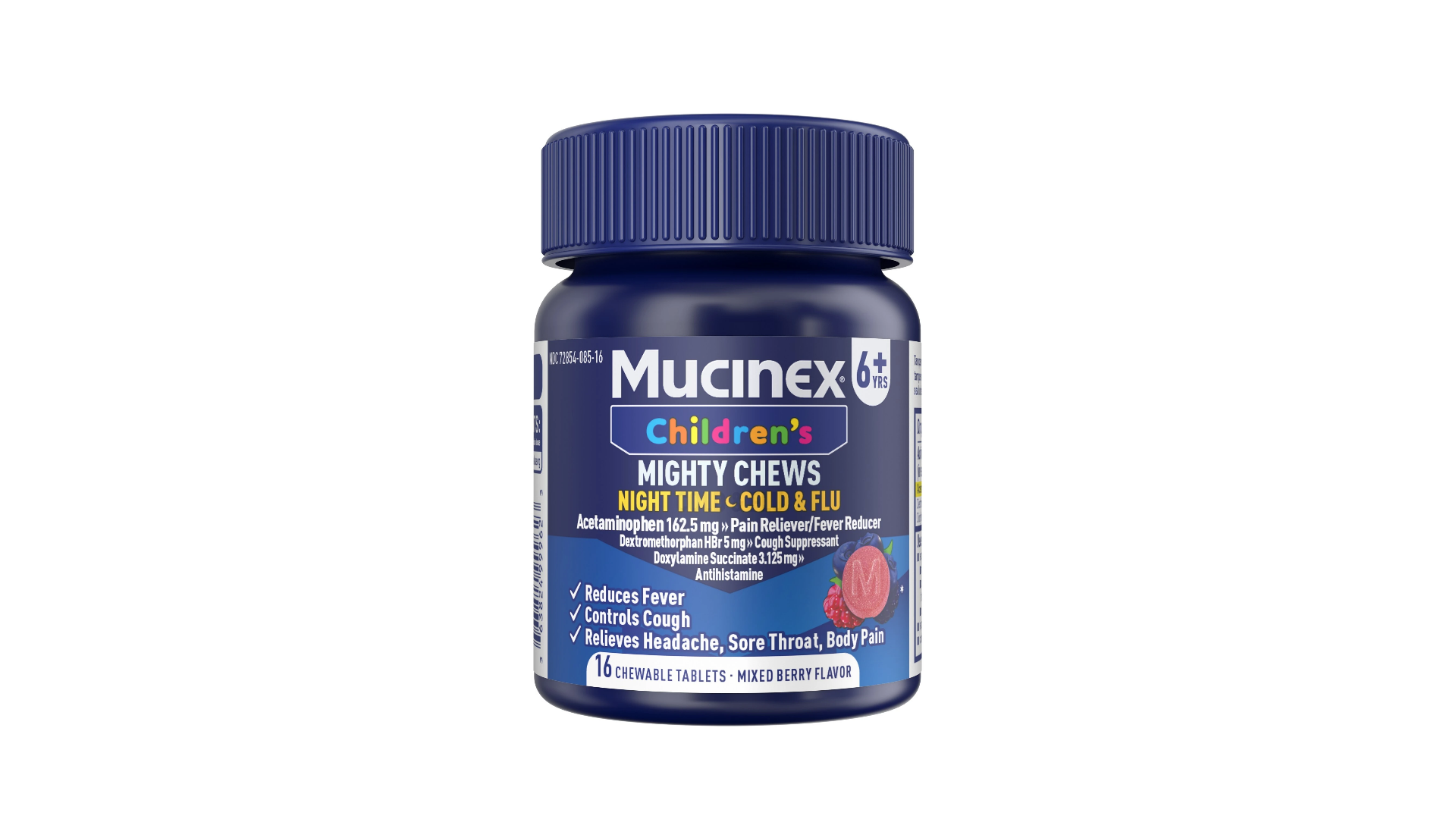 Mucinex Children's Mighty Chews Night Time Cold & Flu chewable tablets bottle with mixed berry flavor packaging
