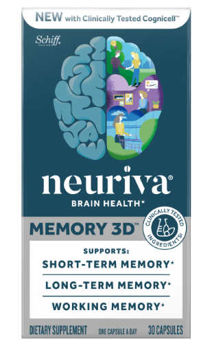Neuriva Brain Health Memory 3D supplement packaging highlighting support for short-term, long-term, and working memory