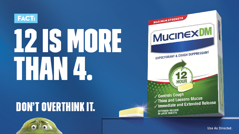 A package of Mucinex DM is displayed beside a tablet with promotional text highlighting its 12-hour cough and mucus relief benefits.