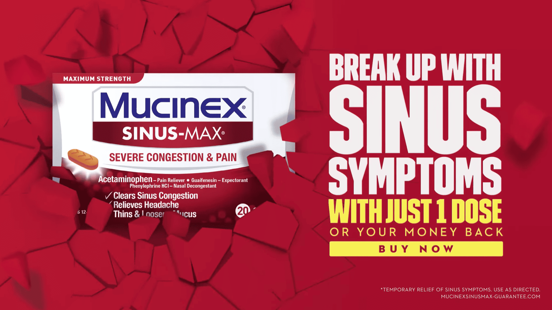 Mucinex Sinus-Max medicine package displayed on a red promotional background
