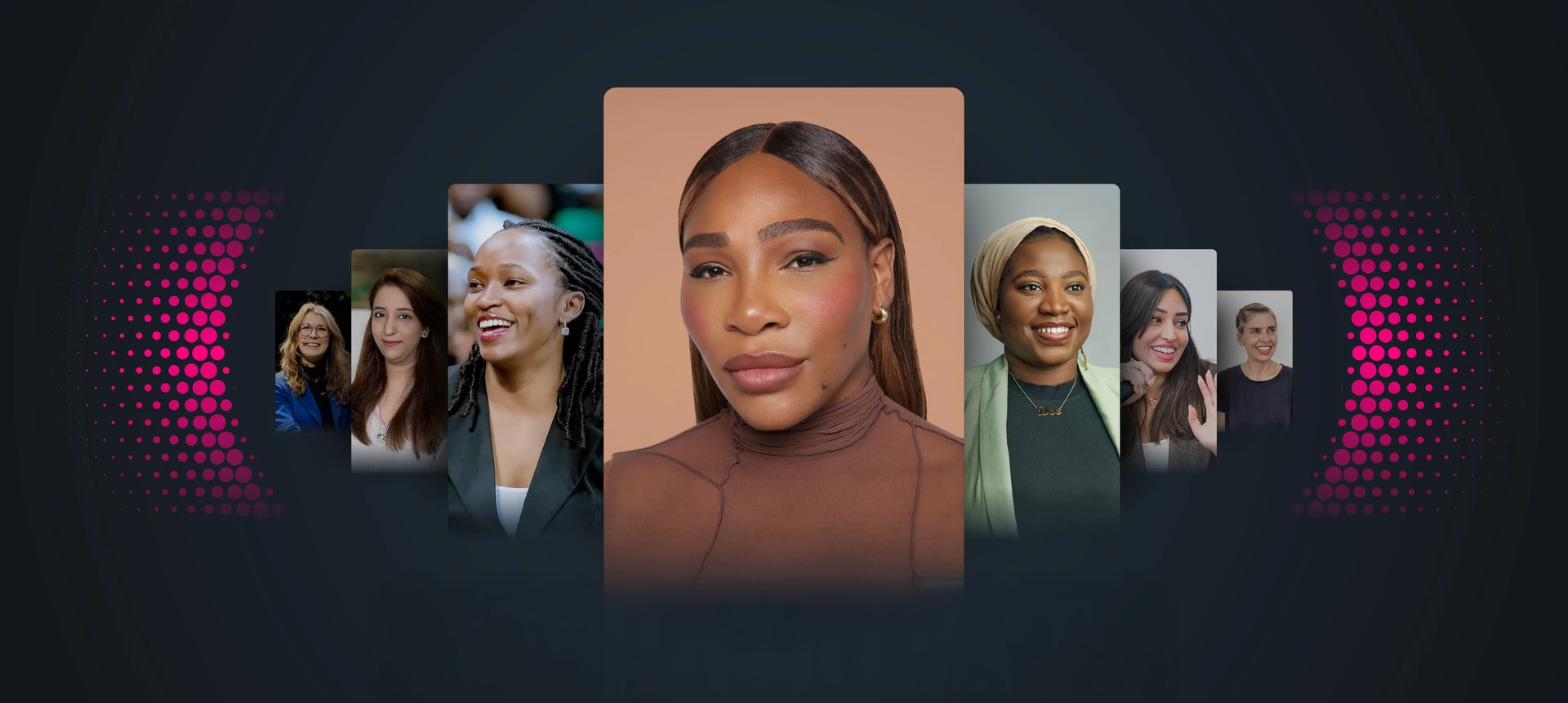 Collage of diverse women’s portraits with one central close-up