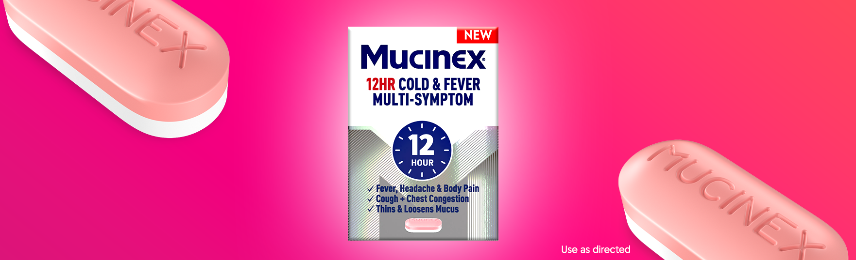A box of Mucinex 12HR Cold & Fever Multi-Symptom medicine centered on a vibrant pink background, surrounded by four large bi-layer tablets