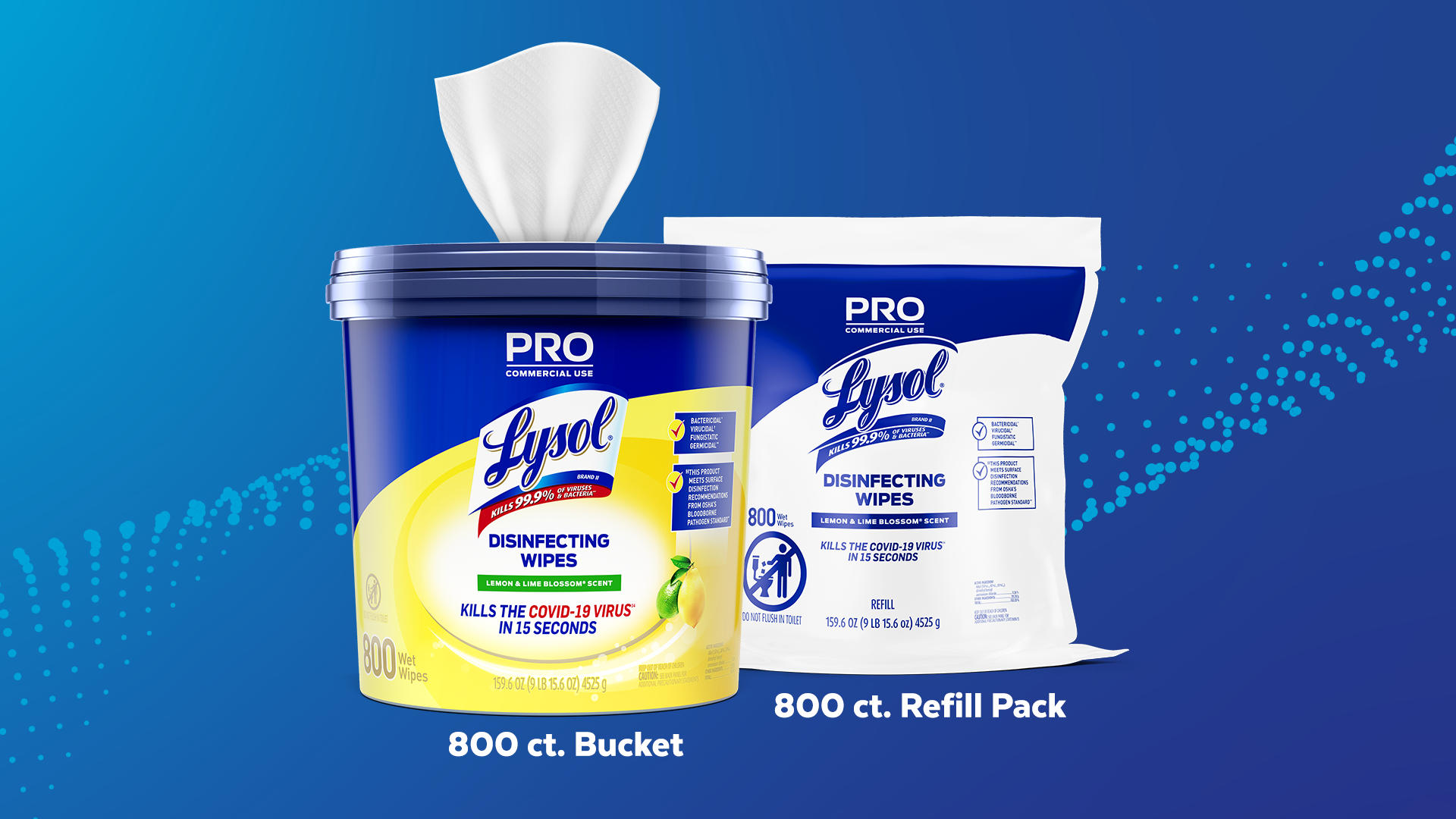 Lysol Pro disinfecting wipes container and refill pack displayed against a blue background with a tissue emerging from the canister