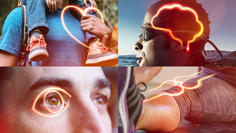 A collage of four panels showing active people with glowing orange light illustrations representing a heart, brain, eye, and joint.