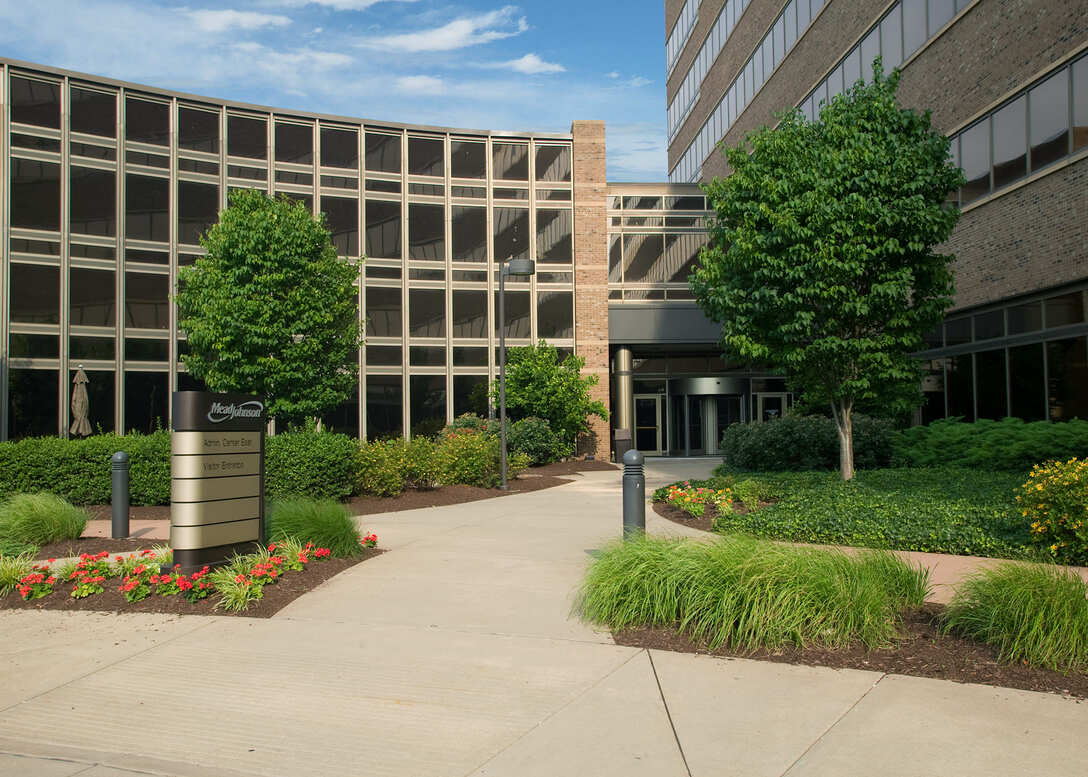 A well-maintained courtyard with landscaped greenery and flowers in front of a modern office building with large windows