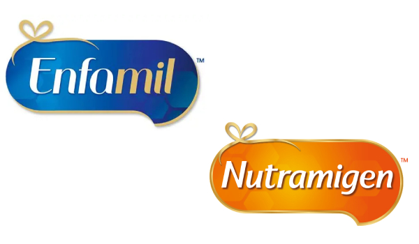 Enfamil and Nutramigen brand logos in blue and orange designs.