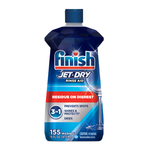 Finish Jet-Dry rinse aid bottle on a white background showing product packaging and label detailsFinish Jet-Dry rinse aid bottle on a white background showing product packaging and label details