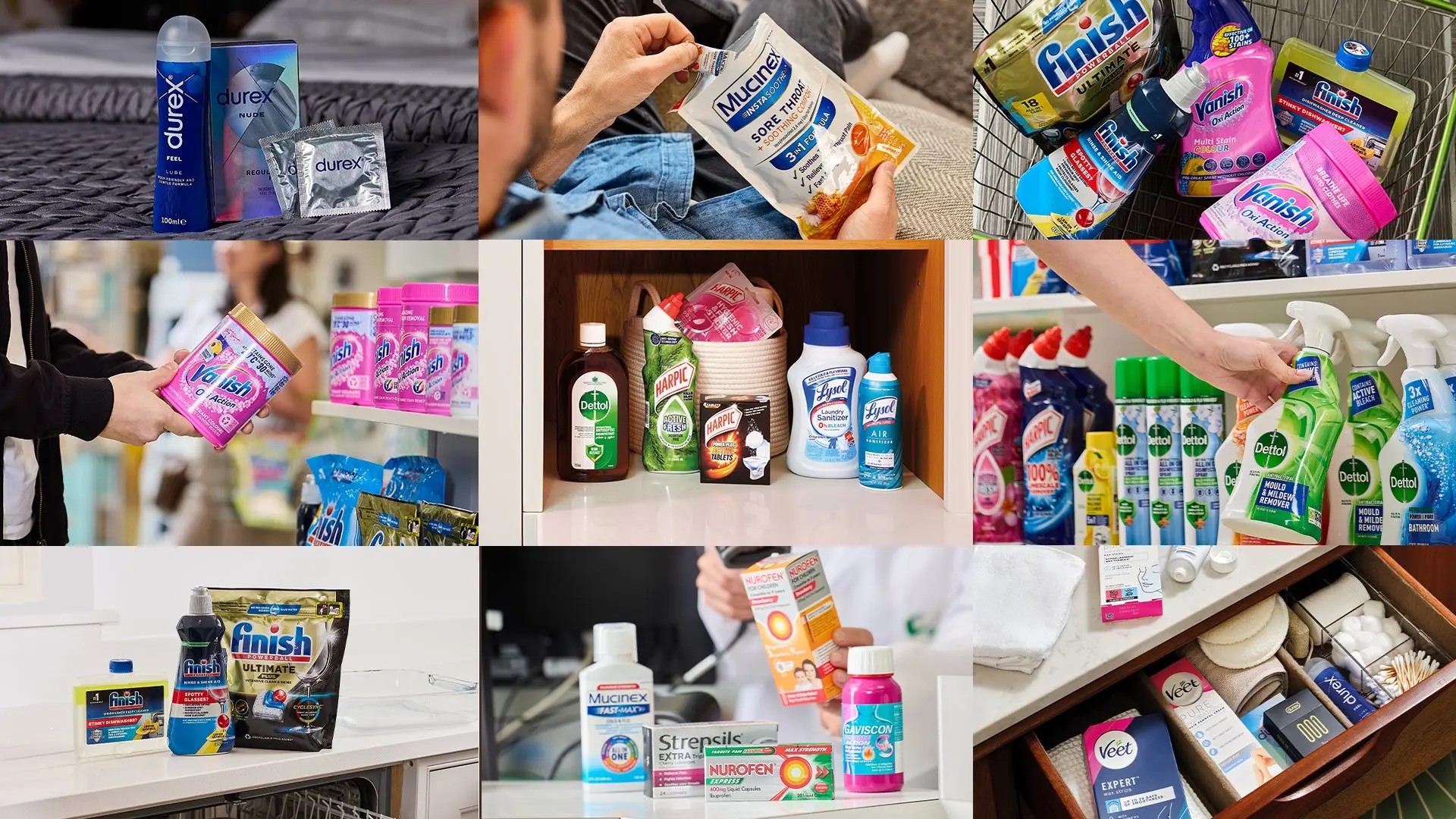 Collage of household, hygiene, and healthcare products in various settings