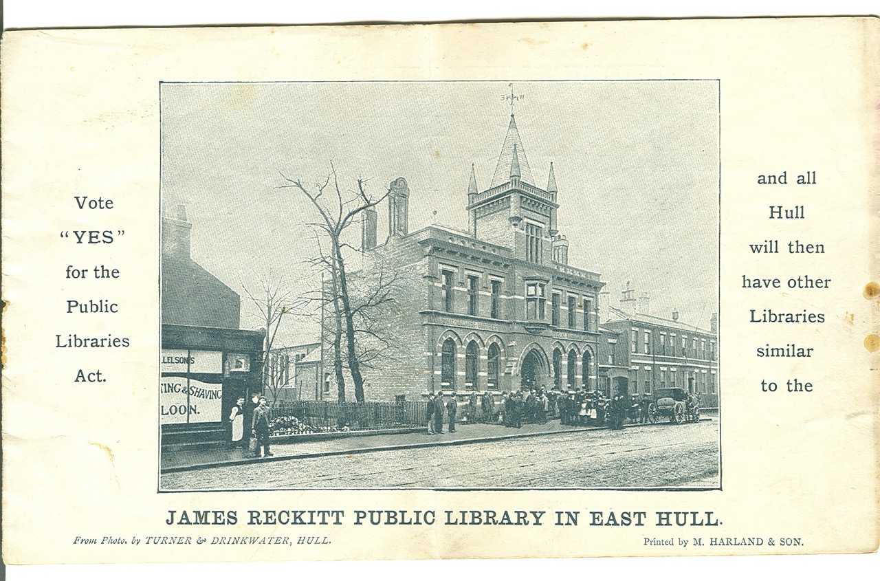 Historic postcard of James Reckitt Public Library in East Hull with surrounding street scene.