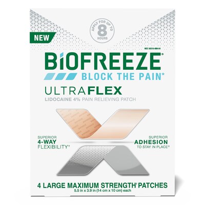 Biofreeze UltraFlex lidocaine pain relieving patch product packaging