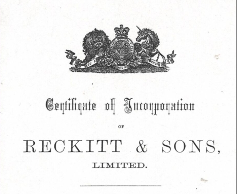 Certificate of incorporation for Reckitt & Sons Limited with official crest.