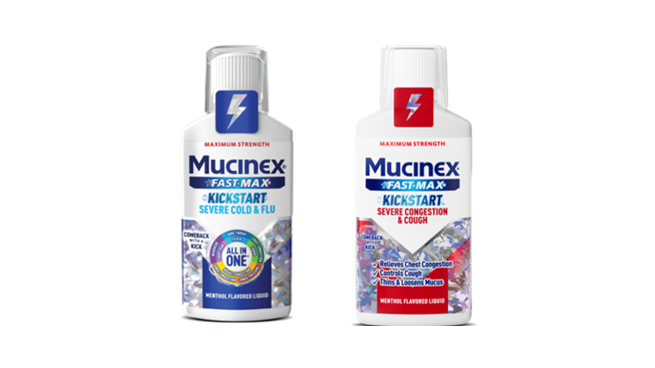 Two Mucinex Kickstart cold and flu medicine bottles on a white background