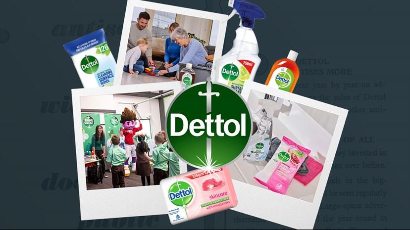 Collage of Dettol cleaning and skincare products with family photos.