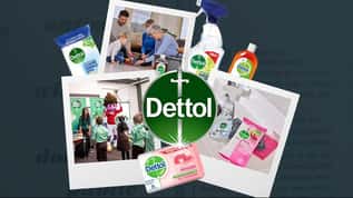 Collage of Dettol cleaning and skincare products with family photos.