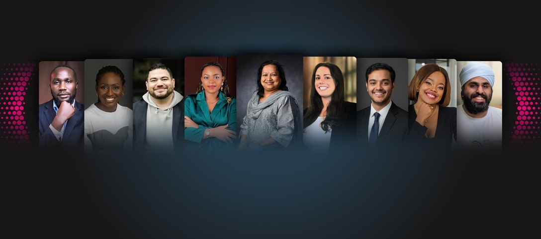 Group portrait of diverse professionals featured in a social innovation campaign