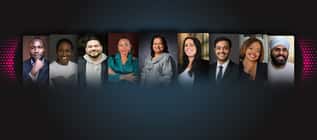 Group portrait of diverse professionals featured in a social innovation campaign