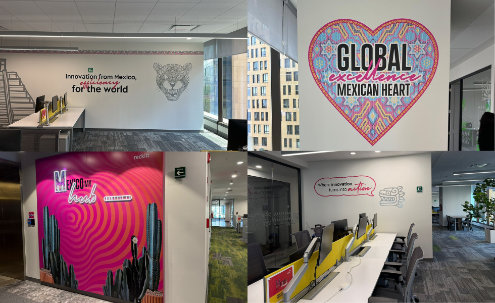 Collage of modern office interiors featuring colorful wall graphics and branded workspace designs