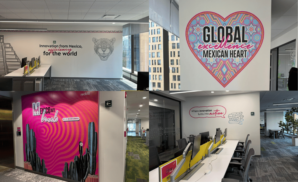 Collage of modern office interiors featuring colorful wall graphics and branded workspace designs
