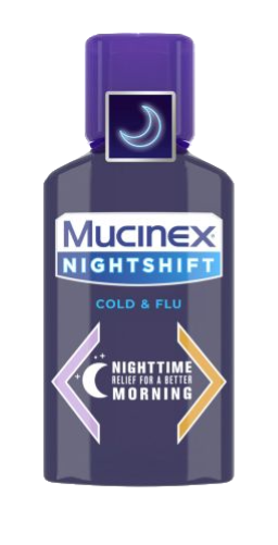 Mucinex NightShift Cold & Flu nighttime relief bottle on a white background