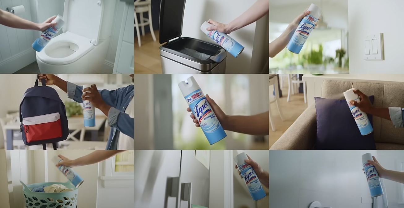 Collage showing Lysol Disinfectant Spray being applied to frequently touched household surfaces and everyday items throughout the home and on the go