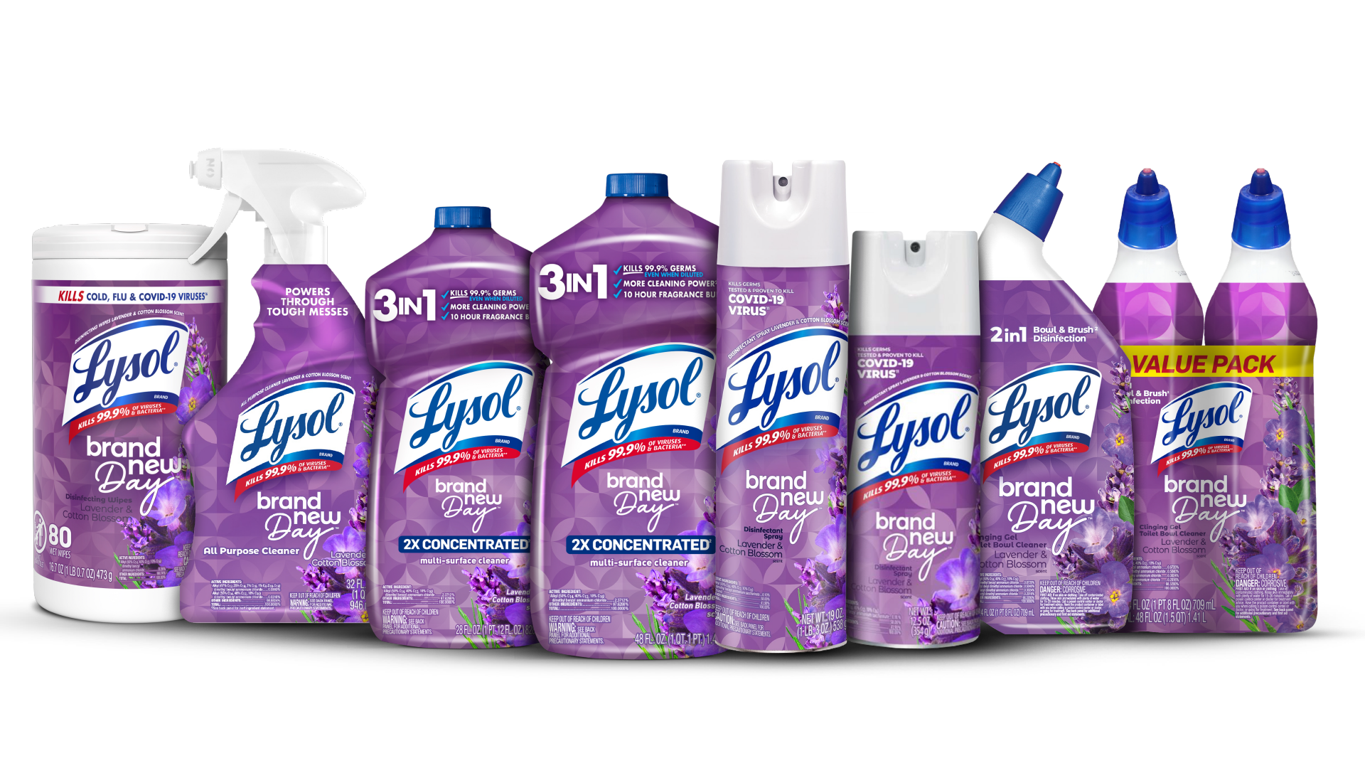 Collection of Lysol cleaning and disinfecting products with lavender and cotton blossom packaging