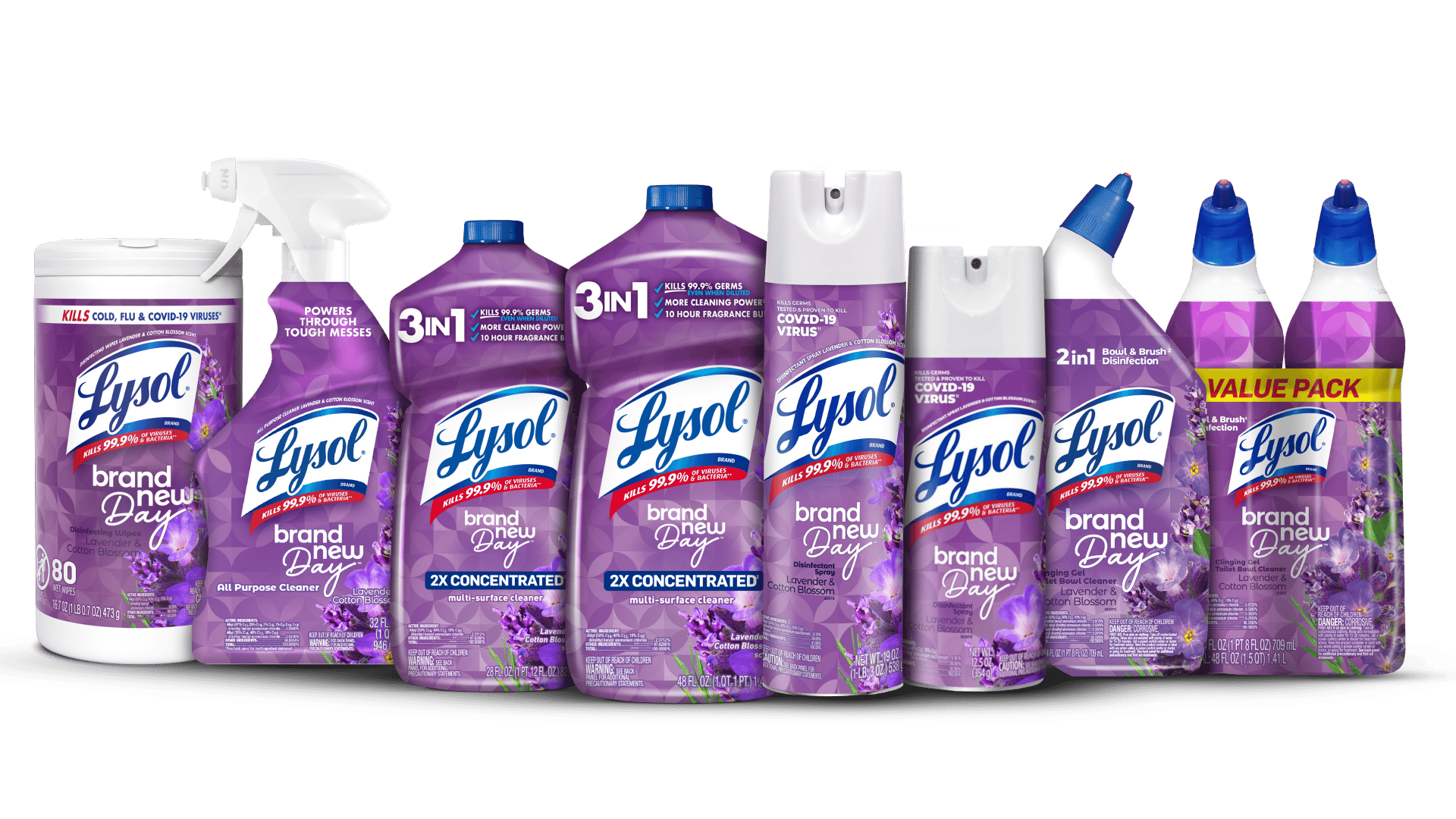 Collection of Lysol cleaning and disinfecting products with lavender and cotton blossom packaging