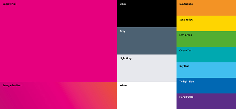Color palette featuring Energy Pink, grayscale tones, and bright accent colors including orange, green, blue, and purple