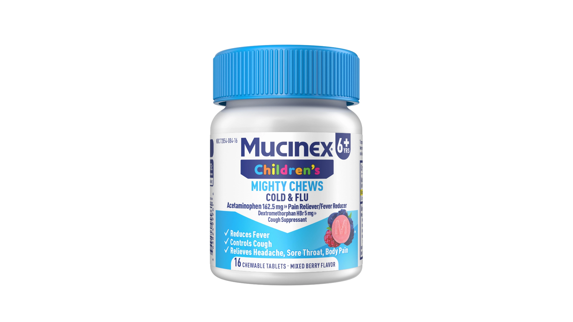 Mucinex Children's Mighty Chews Cold & Flu chewable tablets bottle with mixed berry flavor packaging