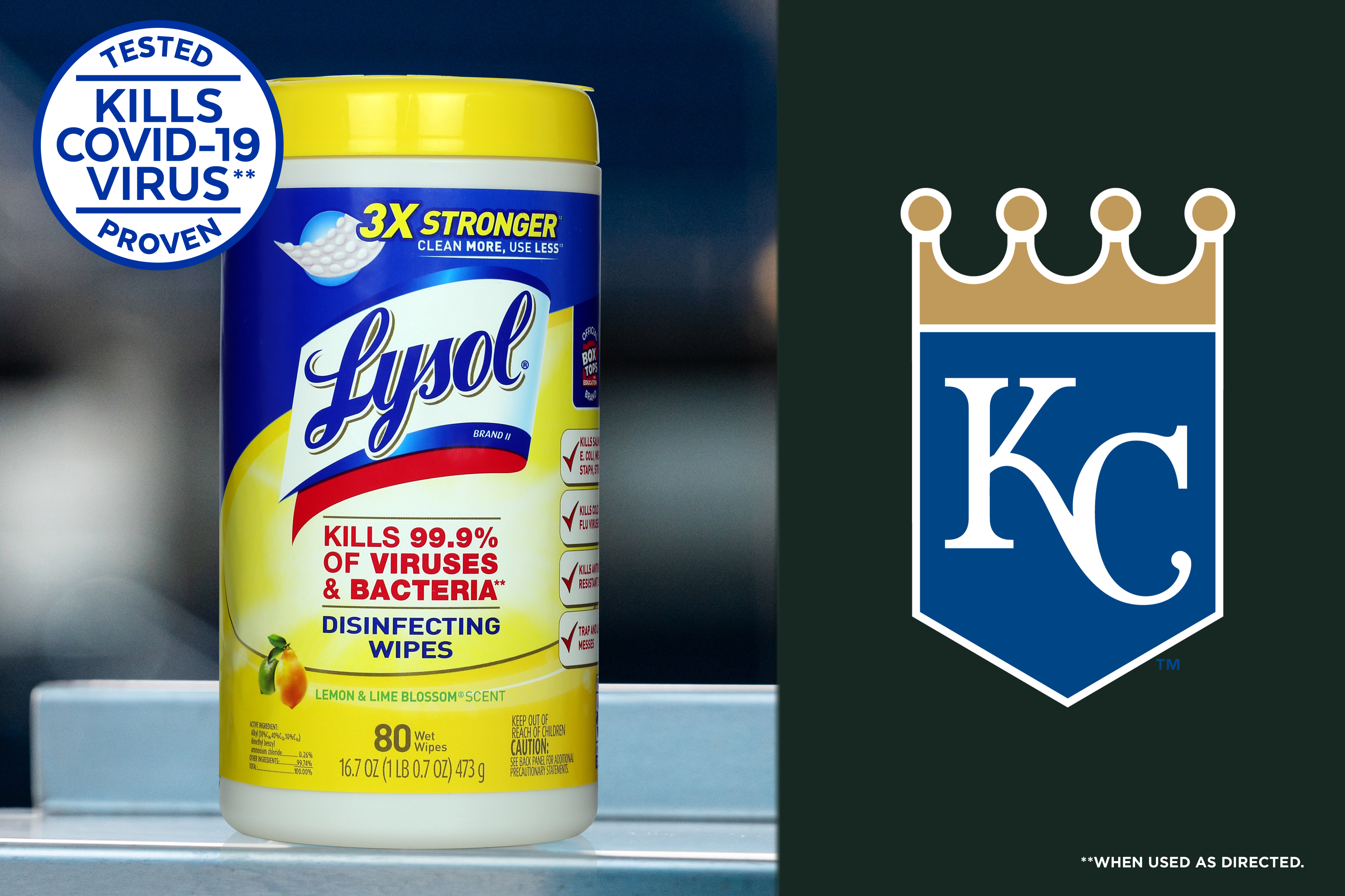 Lysol disinfecting wipes container beside the Kansas City Royals logo with COVID-19 protection badge