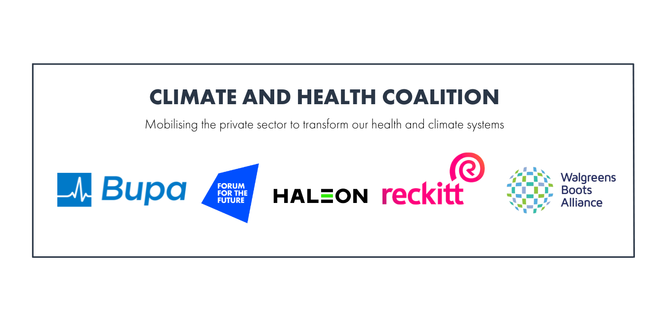 Climate and health coalition logos - BUPA, Forum for the Future, Heleon, Reckitt, and Walgreens Boots Alliance