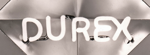 Durex logo in white neon-style lettering on a metallic background.