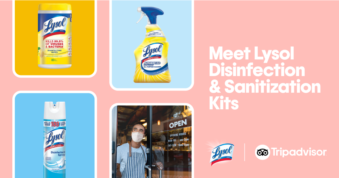 Lysol disinfection and sanitization kits promotion with cleaning products and TripAdvisor branding