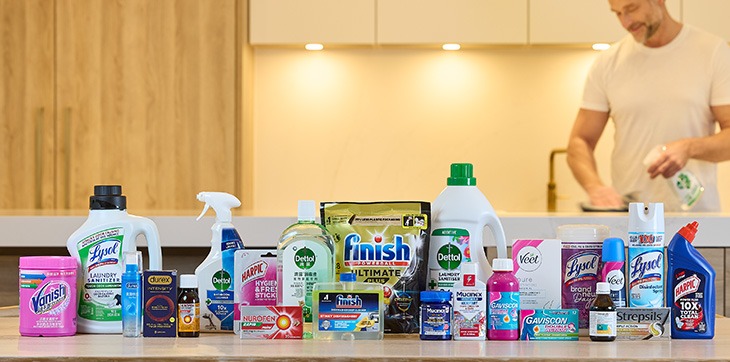 Assorted household cleaning and hygiene products displayed on a counter