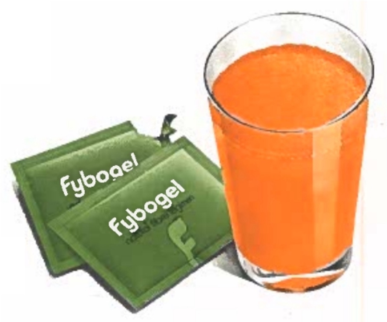 Glass of orange drink with Fybogel sachets beside it.