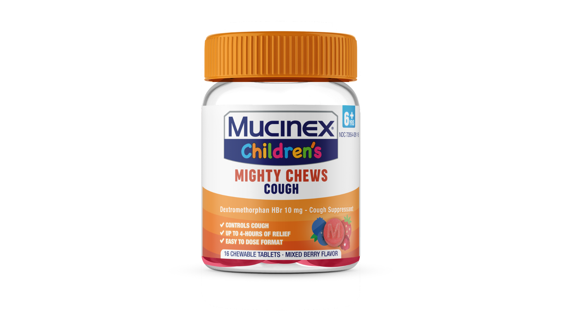 Bottle of Mucinex Children's Mighty Chews cough suppressant chewable tablets with mixed berry flavor.