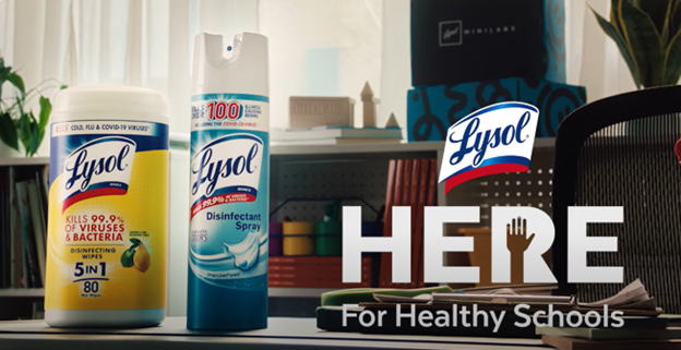 Lysol HERE for Healthy Schools campaign featuring disinfecting wipes and spray products in a classroom environment
