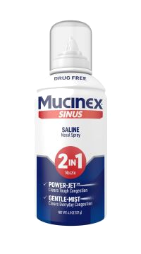 Mucinex Sinus saline nasal spray bottle with 2-in-1 nozzle on a white background