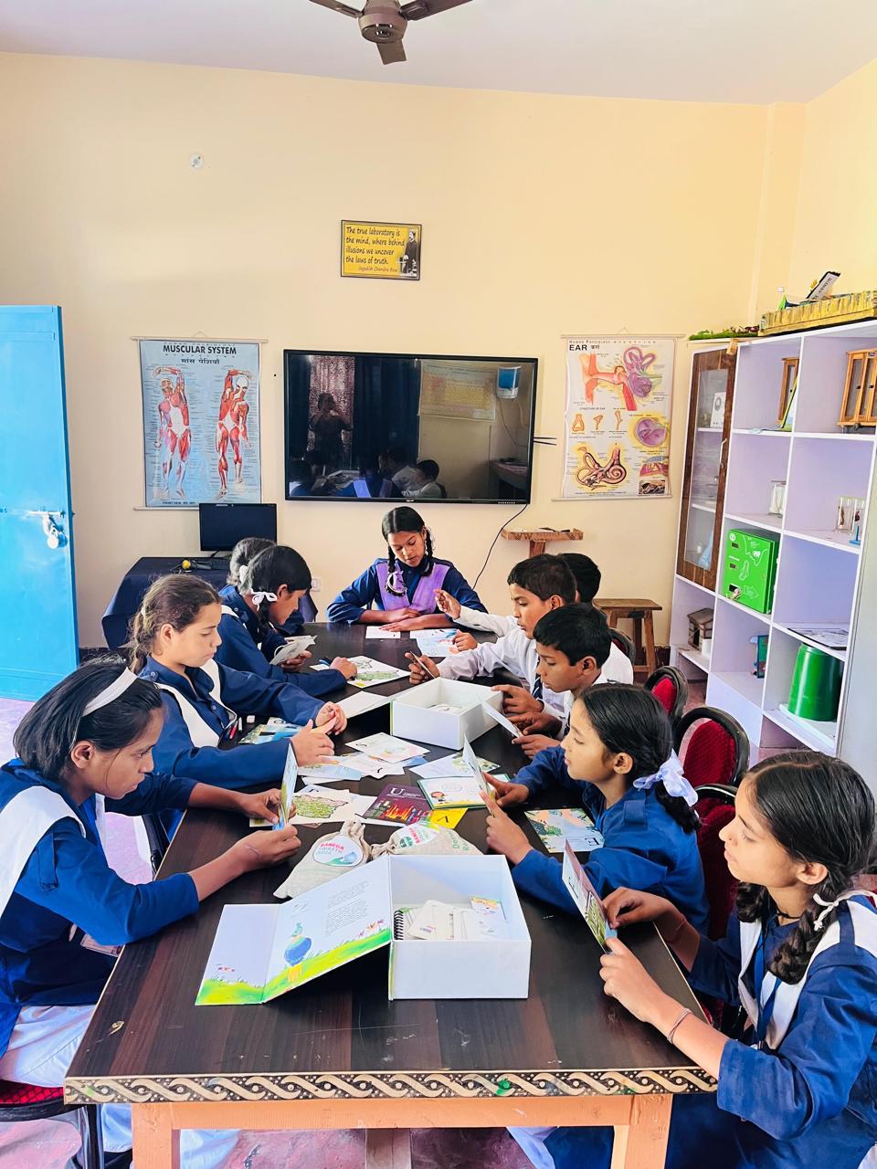 Students working together on an educational activity in a classroom