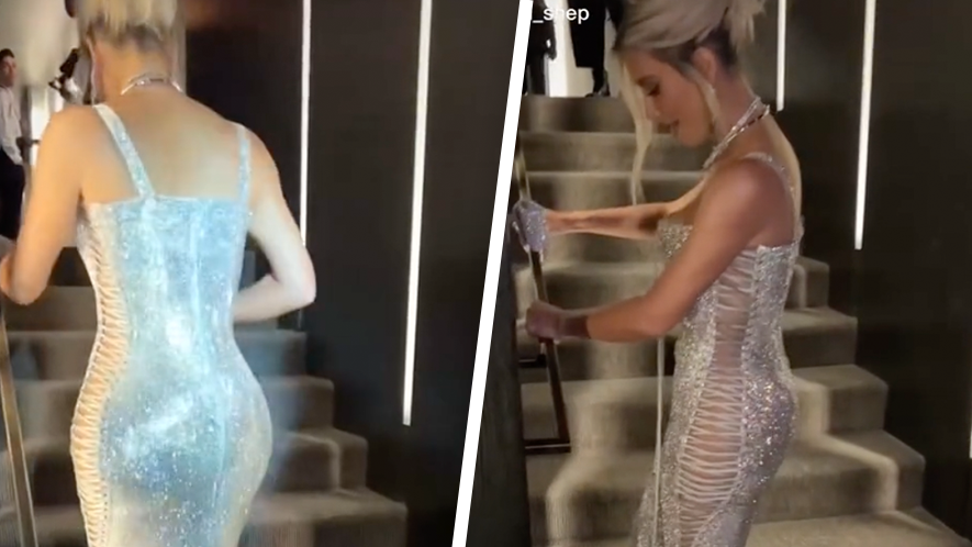 Kim Kardashian's dress at a fashion show was so tight that she couldn't  walk up the stairs