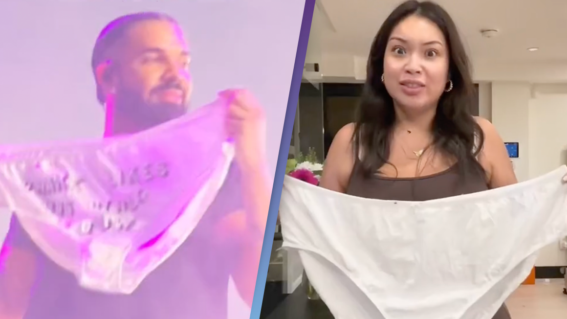 Drake stunned after a bigger 46G bra is thrown at him on stage 