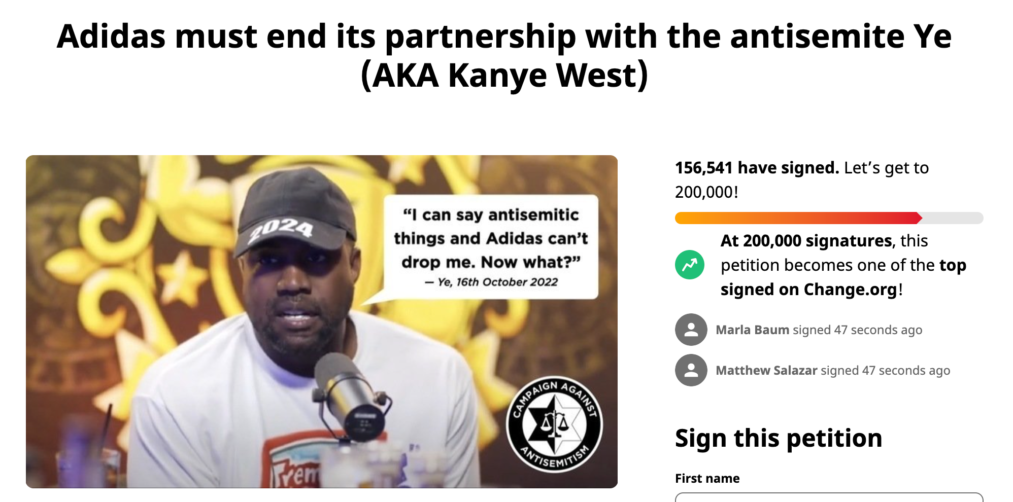 More than 150,000 people sign petition calling on Adidas to dump Kanye West  as a collaborator